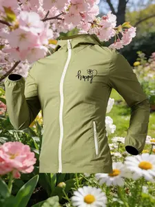 happy Handwritten Flower Heart Print Women Summer Hooded Zip Up Skin Coat Jacket Four Colors Optional Soft Breathable Lightweight Loose Casual Versatile Quick Dry Outdoor Commuting Camping Student Style Age Reducing Multi-Scenario Use No Stuffy Sweat Well