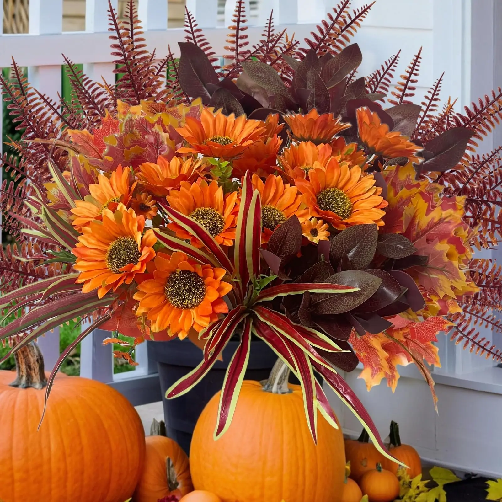 Sunflowers Faux Plants for Outdoor Planters, Fall Fake Silk Realistic Greenery, Faux Decorative Flower, UV Resistant, 24 Bundles for Porch Pot Decor