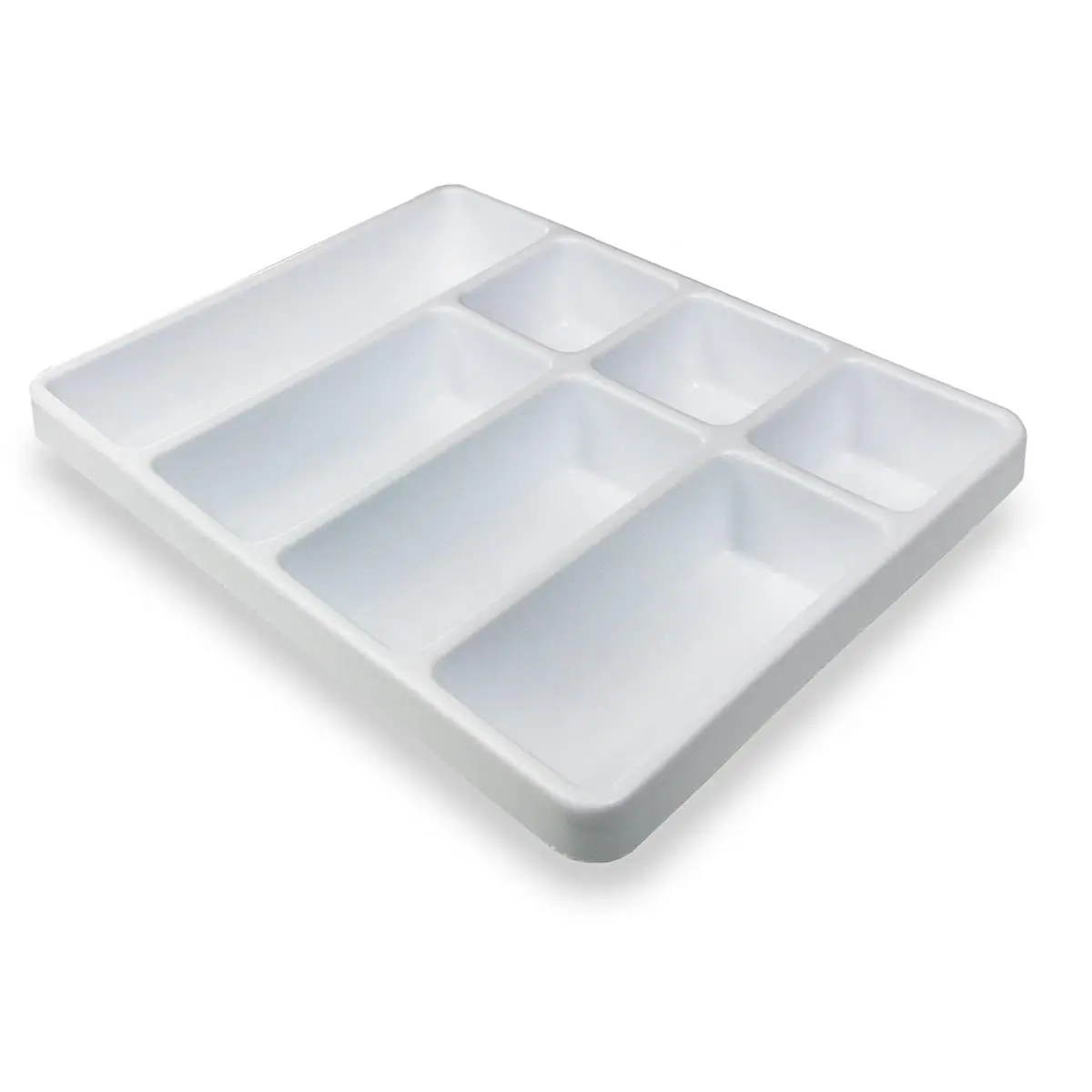 212 MAIN Small White Plastic Desktop Accessory Desk Drawer Organizer - 7-Compartment, Rounded Corners, Non-Scratching Dividers, Easy-to-Clean, Full Apron for Transport, Multi-Compartment Organizer for Office Stationery Supplies