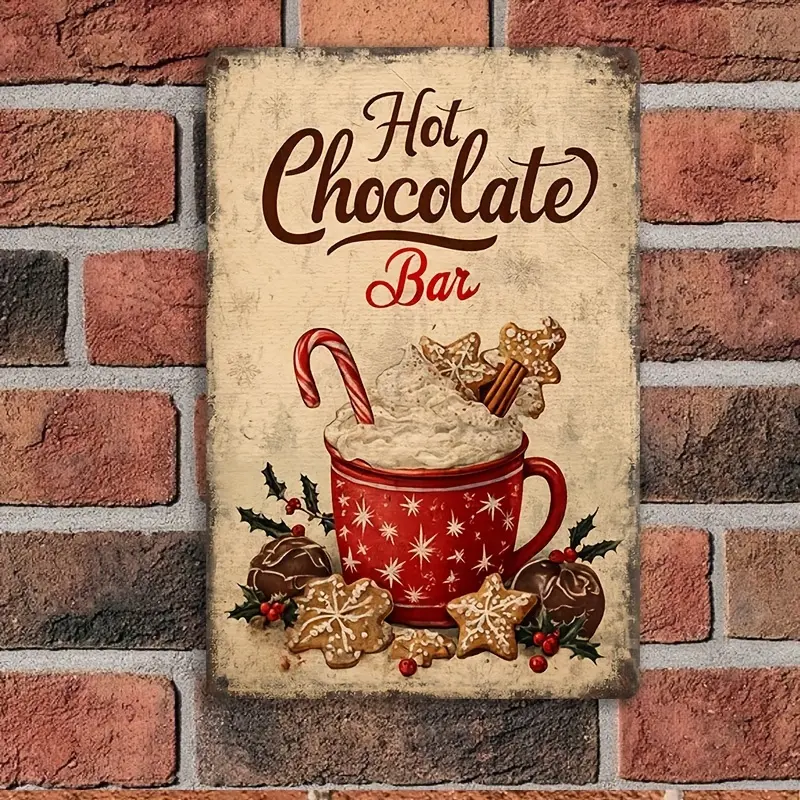 Vintage Aluminum Gingerbread-Decorated Hot Chocolate Bar Sign, 8x12 in Signage, Durable Indoor Home & Cafe Christmas Festive Decoration Items, Holiday Gifts