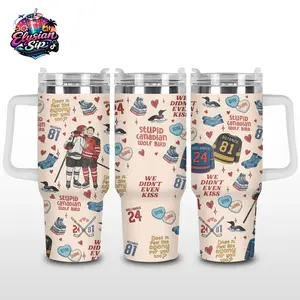 [Elysian Sip] - Ice Hockey Couple Aesthetic 40oz & 20oz Stainless Steel Tumbler with Handle – Romantic Hockey Fan Insulated Mug, Cute Love Story Cartoon Style Cup, Valentine Gift, Leakproof Travel Mug.
