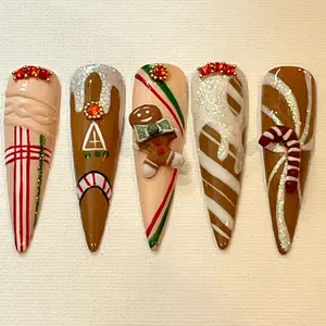 3D Gingerbread Nails custom hand painted  soft gel press on nail tips Nail Art