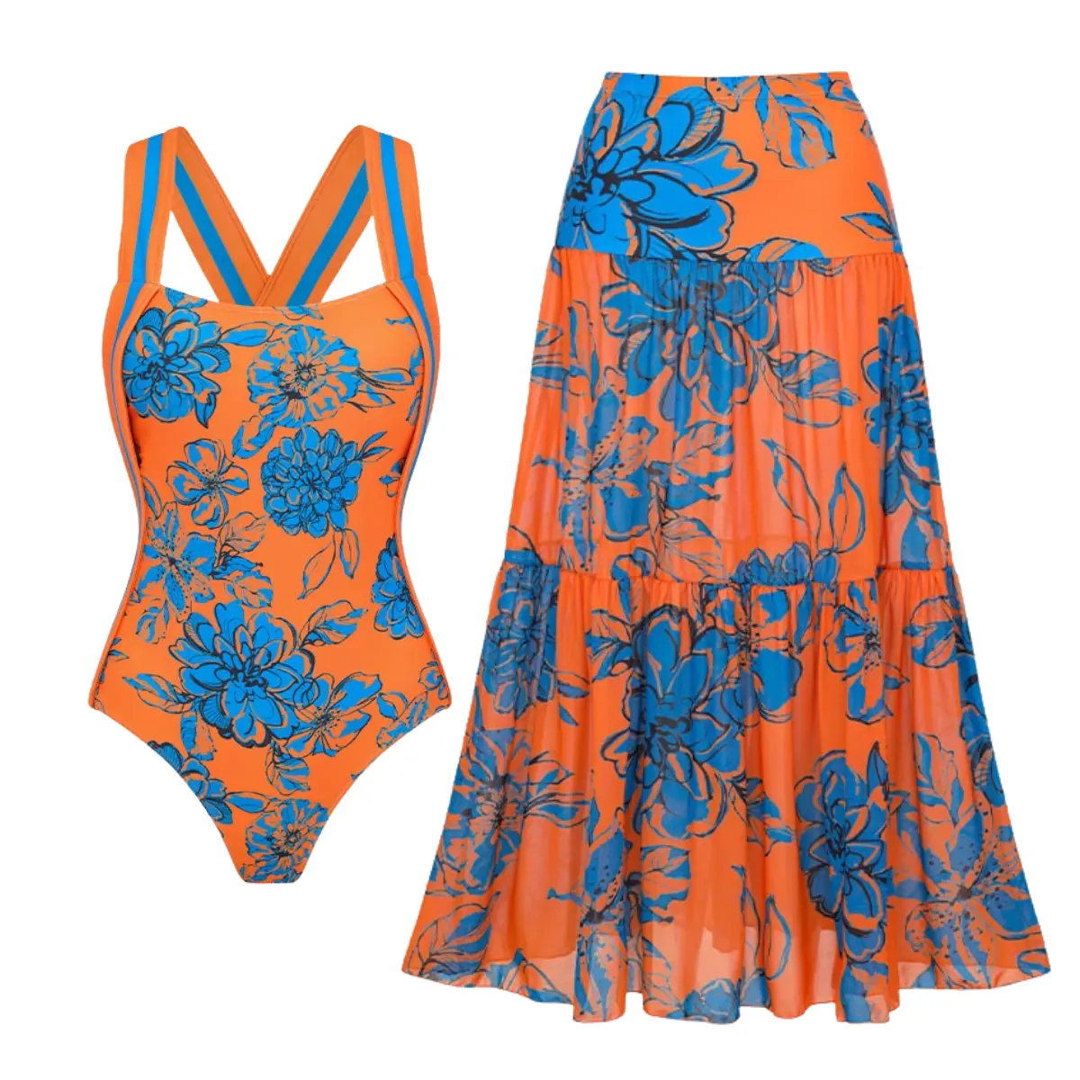 FLAXMAKER Women's Orange & Blue Color Block Blossom Print Bandeau 1-Piece Swimsuit with Matching Cover Skirt Set, Stylish Beach Vacation Swimwear Summervibes #SwimWeek summerwins swim dress woman swimweek dealsforyoudays beachwear swimdress bathing tiktok