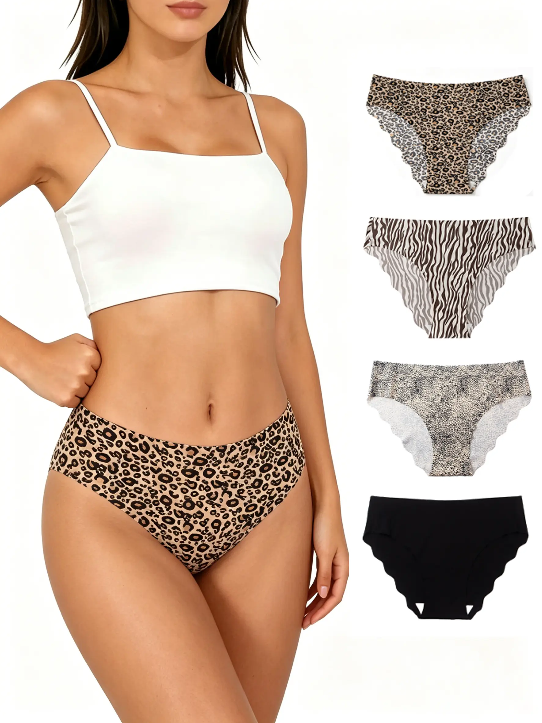 Women's 4-Pack Seamless Slimming Polyamide Blend Panties, Basic Multicolor Sexy Briefs, Breathable Soft All-Season Everyday Elegant Snug Fit Underwear (Leopard Print & Solid Color)