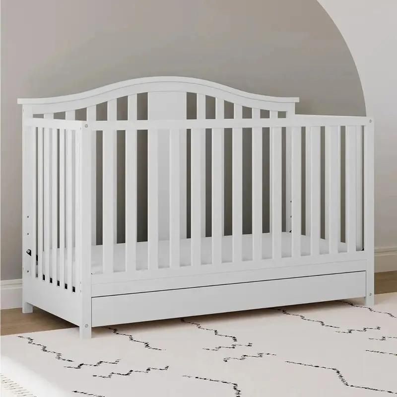 White 4-in-1 Height Adjustable Convertible Crib & Drawer Combo - Toddler to Full Size Bed, Eco-Friendly Baby Nursery Furniture Solution, Height Adjustable Crib