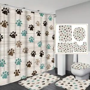 1pc/4pc Pet Paw Print Wood Grain  printed shower curtain, shower curtain set with 12 hooks. The shower curtain set includes a bath mat, U-shaped floor mat, toilet seat cushion, bathroom access Shower Essentials