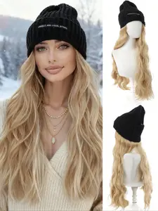 Long Curly Wavy Hat Wig, Synthetic Wig With Elastic Knitted Hat Wig - Wool Hat Wig, High Temperature Fiber, Natural Shape, Suitable For Daily Wear, Autumn And Winter Basic Warm Ski Hat
