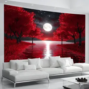 1pc Red Night Sky Tapestry with Trees & Moon Design - Peach Light Beige Fabric Wall Hanging for Living Room, Bedroom, Office, Party Decor - No Installation Horizontal Wall Art, Vibrant Colors & Starry Reflections, Bedroom Wall Art |     Atmospheric Design