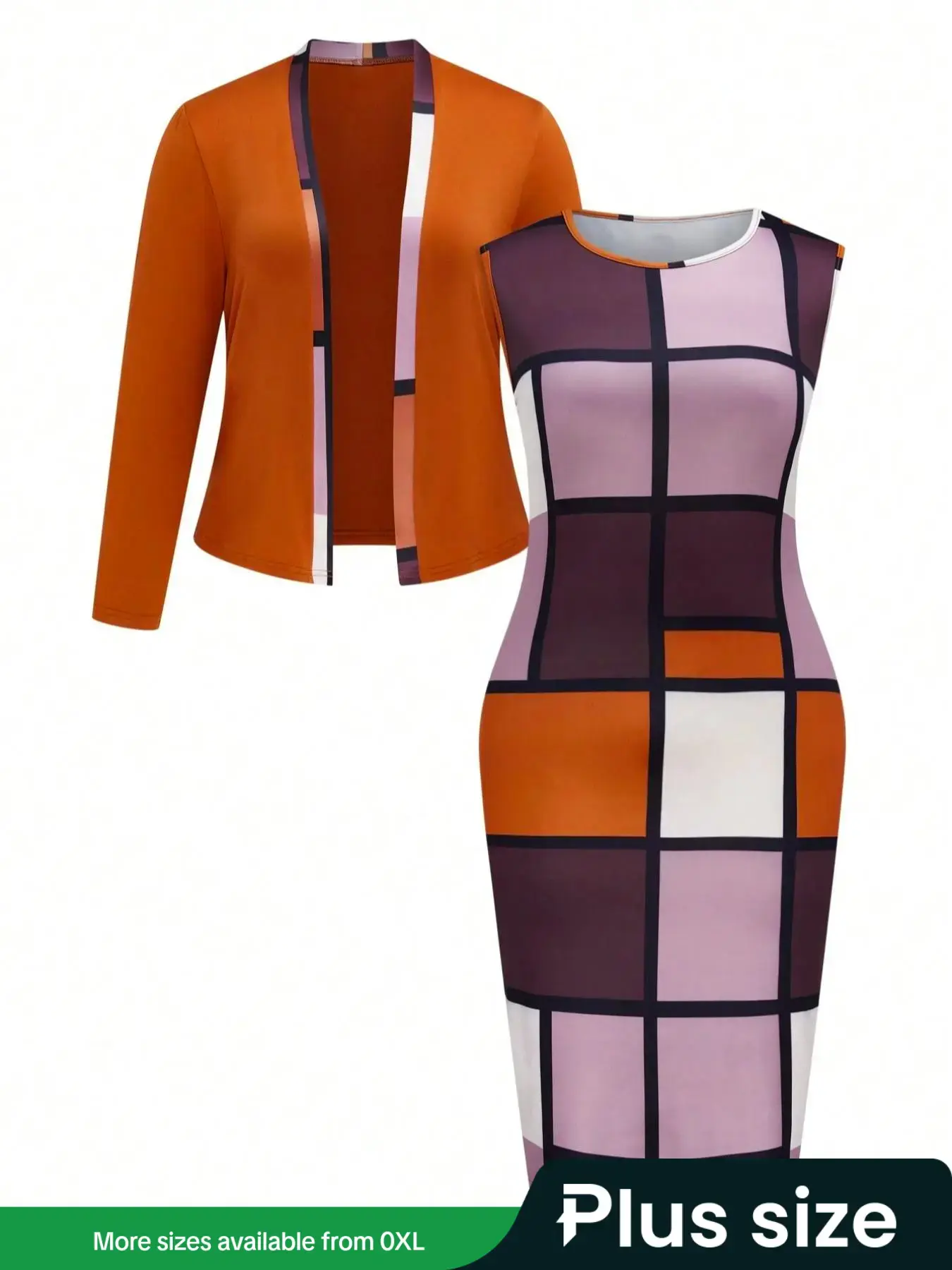 Women's Plus Size Plaid Long Sleeve Jacket & Round Neck Sleeveless Casual Classy Elegant Chic Dress Set, Outfit Everyday Comfortable Casual Clothes for Women, Womenswear