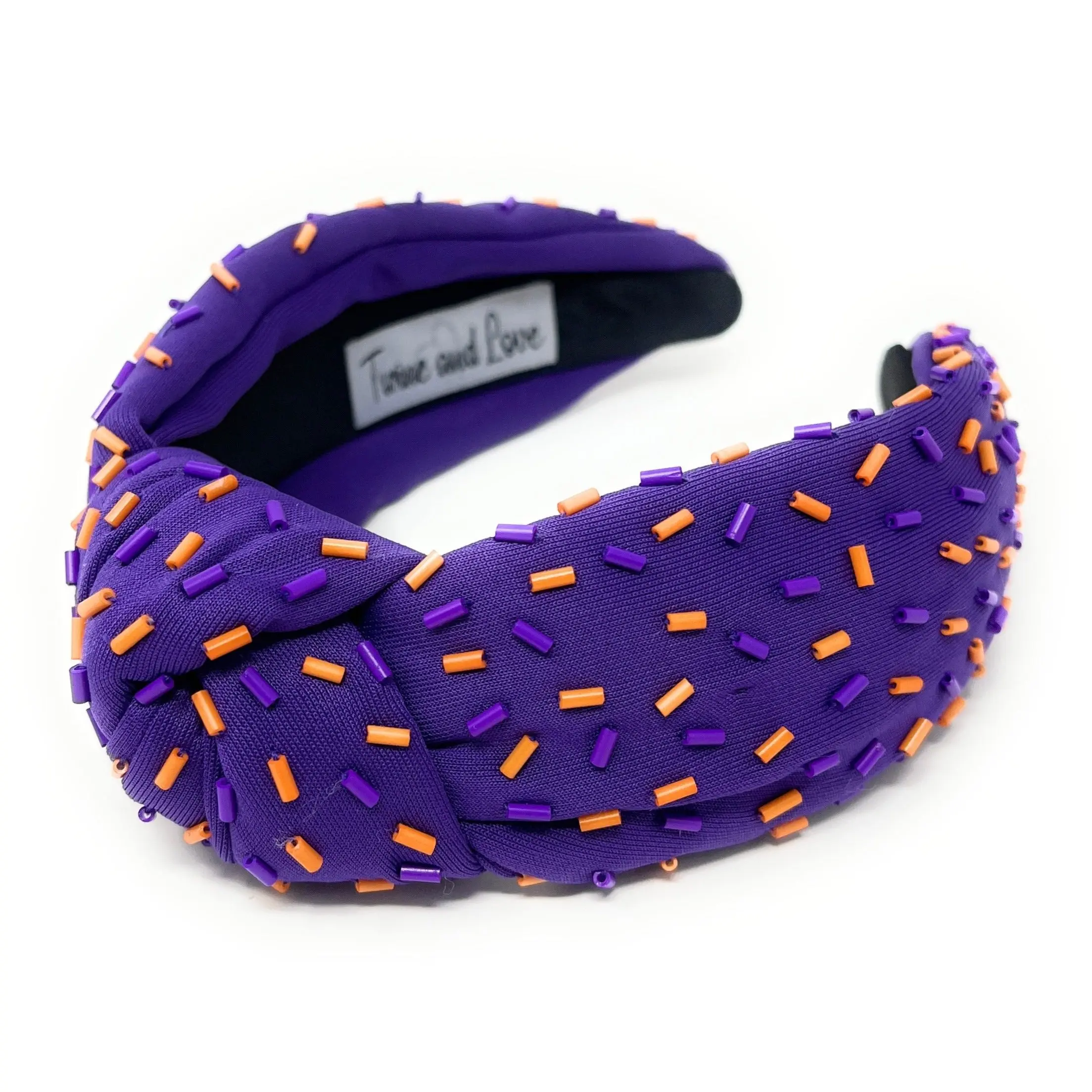 Hand Beaded Purple Orange Confetti Knot Headband