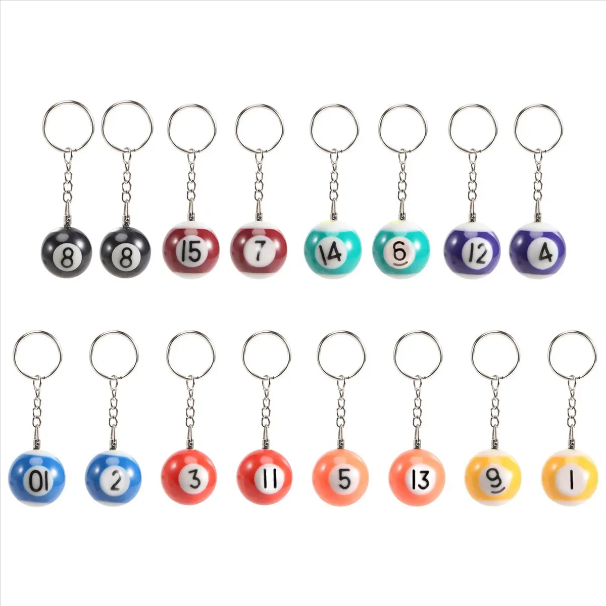 16-Piece Numbered Multicolor Polyresin Mini Billiard Ball Keychain Set, Diameter 25mm Compact Lightweight Pool 8-Ball Accessories, Ideal Gifts for Pool Enthusiasts