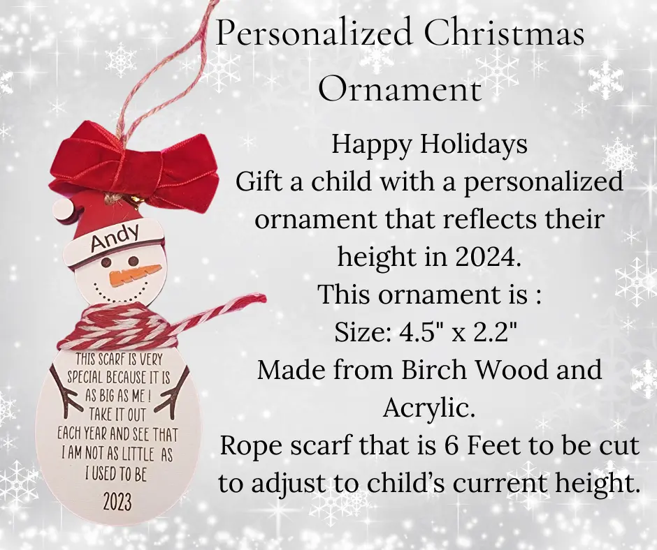 Personalized Snowman Christmas Ornament with Engraved Name and Child's Height