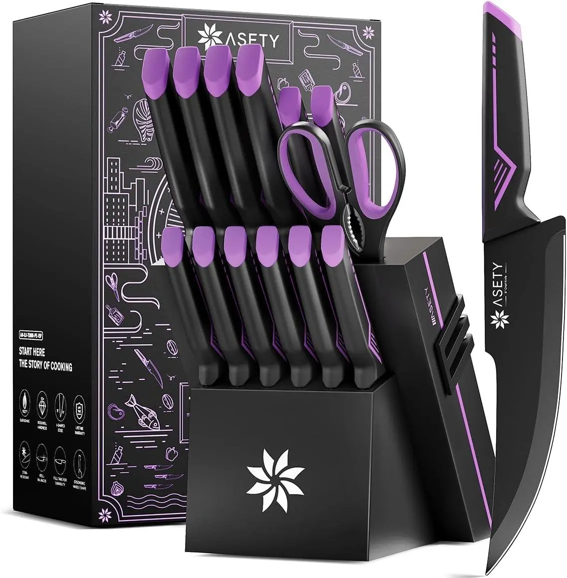 Knife Set - 15 PCS Kitchen Knife Set with Built-in Knife Sharpener Block - Stainless Steel Knife Block Set - Dishwasher Safe Mordern Knife Set, Elegant Box for Men Women