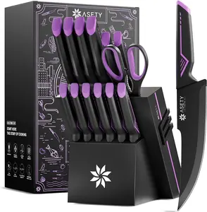 Knife Set - 15 PCS Kitchen Knife Set with Built-in Knife Sharpener Block - Stainless Steel Knife Block Set - Dishwasher Safe Mordern Knife Set, Elegant Box for Men Women