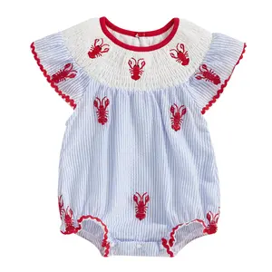 Newborn Baby Girl Crawfish Lobster Smocked Bubble Romper Lobster Ruffle Short Sleeve Onesie Bodysuit Jumpsuit Summer Outfits
