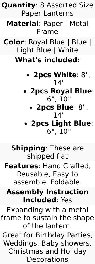 Set of 8 Mixed Blue White Hanging Paper Lanterns, Decorative Round Chinese Sky Lanterns, Assorted Sizes - 6",8",10",14"