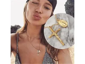 Medal Virgin Mary and Cross Crucifix Gold Plated Miraculous Medal Coin Medallion Necklace Women