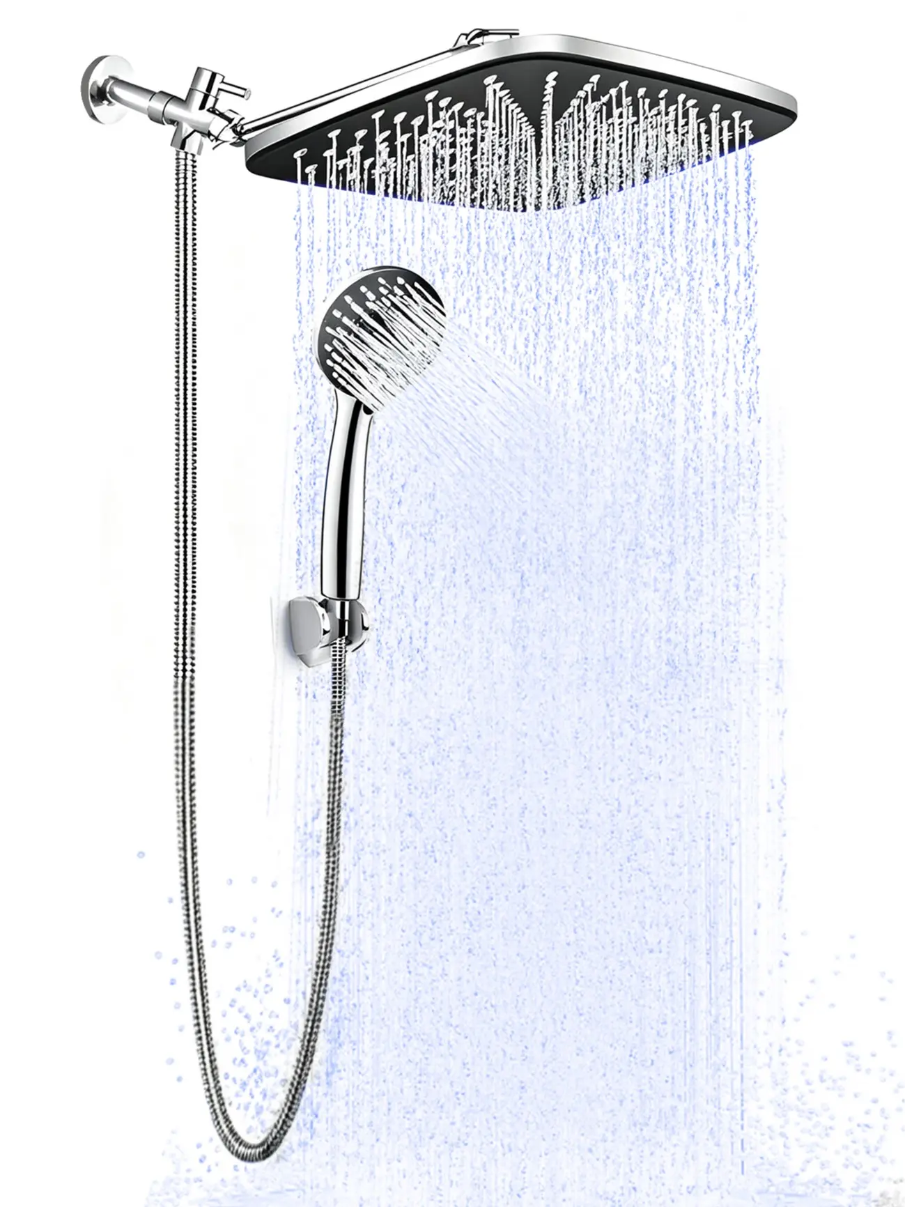 12 Inch High Pressure Rain Shower Head Combo With Extension Arm- Wide Showerhead With 5 Handheld Water Spray - Adjustable Dual Showerhead With Anti-Clog Nozzles - Silver Chrome