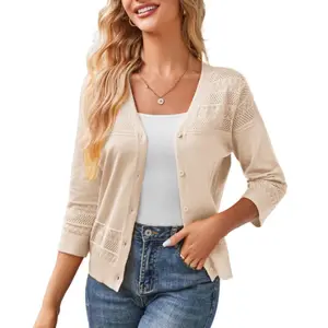 Grace Karin Women's 2026 Cropped Cardigan 3/4 Sleeve Lightweight Crochet Shrug Hollowed-Out Knit Sweater Tops
