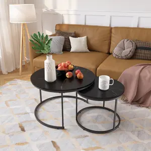 Nesting Coffee Table Set of 2 27.6inch Round Tables with Sturdy Metal Frame End Tables for Living Room Bedroom Balcony Yard Industrial Wood or Marble Effect