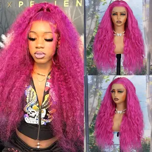Aodbar hairs Hot Pink Long Water Wave Synthetic Lace Front Party Use Long Blonde Curly Synthetic Lace Front Wig with Realistic Hairline Bright Pink Color Curly Lace Front Wig Synthetic Heat Resistant Wig 24 Inch