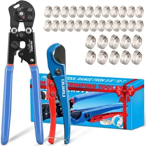2 IN 1 Ratchet Pex Crimping Tool Cinch and Remove Combo Function Pex Pipe Crimp Tool from 3/8" to 1" Pex Crimper with Pex  and Stainless Steel Pex Clamps 1/2" 25 count,3/4" 10 count