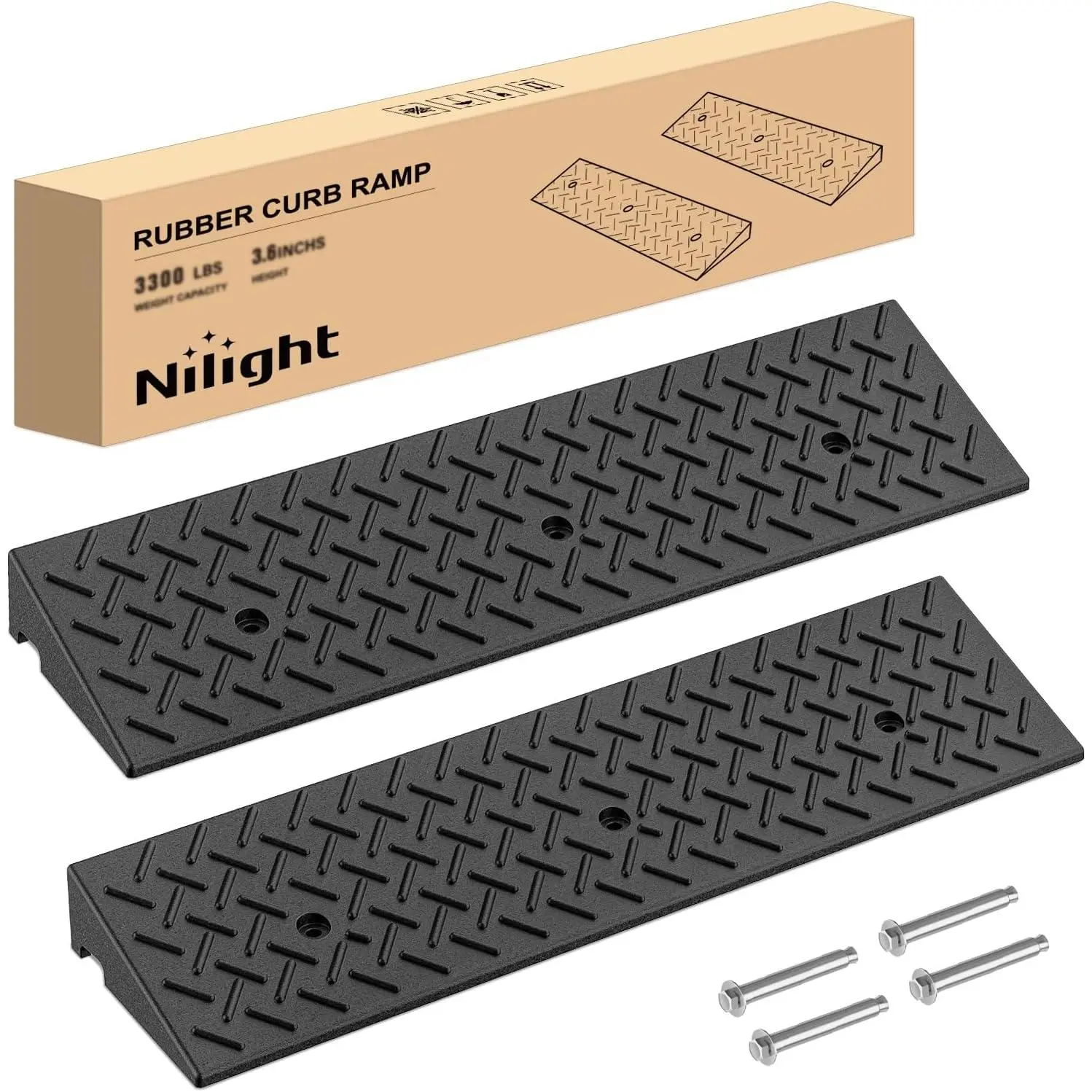 Nilight 3.2-Inch Rise Heavy-Duty Rubber Curb Ramps - 3300lbs Each/6600lbs Pair Load Capacity, Hollow Grid Structure, Anti-Slip Surface, Pre-Drilled, for Trailer, Driveways, Doorway Transitions