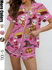 Women's Magic Print Pajama Set, Soft Shirt Collar Top & Elastic Shorts, Casual Holiday Sleepwear, Loungewear, Comfortable Home Wear