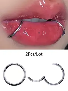 2pcs Seamless Stainless Steel Hoop Lip Ring Set, Punk Simple Style Body Piercing Jewelry, Unisex Fashion Accessory