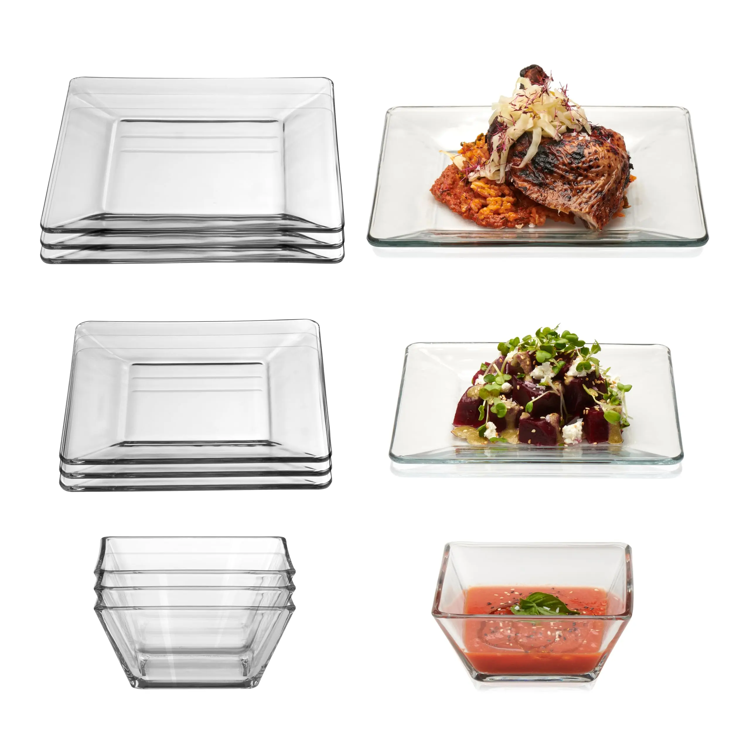 12-Piece Square Glass Dinnerware Set, Clear Glass Plates and Bowls, Service for 4, Dishwasher Safe Dinnerware for Everyday Dining