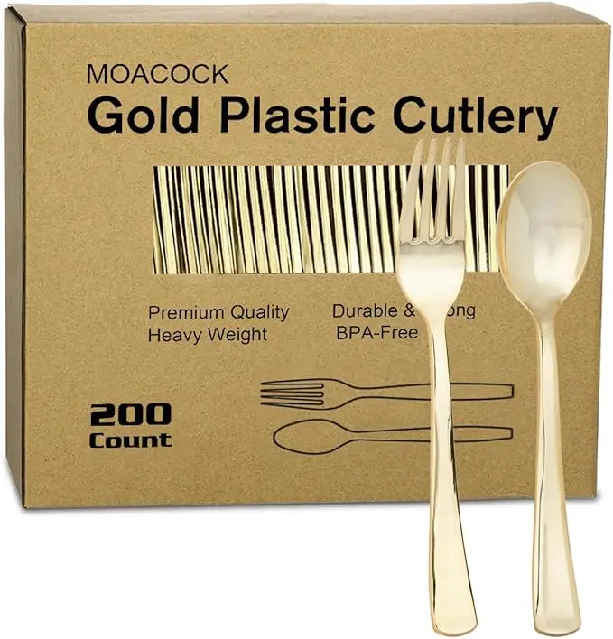MOACOCK 200 Count Light Gold Plastic Silverware, Heavy Duty Plastic Utensils Set 100 Spoons and Forks, Gold Spoons and Forks Set for Catering Party Wedding Dinners