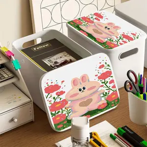 Durable Plastic Rectangular Storage Box, Whimsical Floral Design with Cute Bunny Print, Large Dustproof Container for Home Organization, Perfect for Makeup, Clothes, Kitchen & Gifts