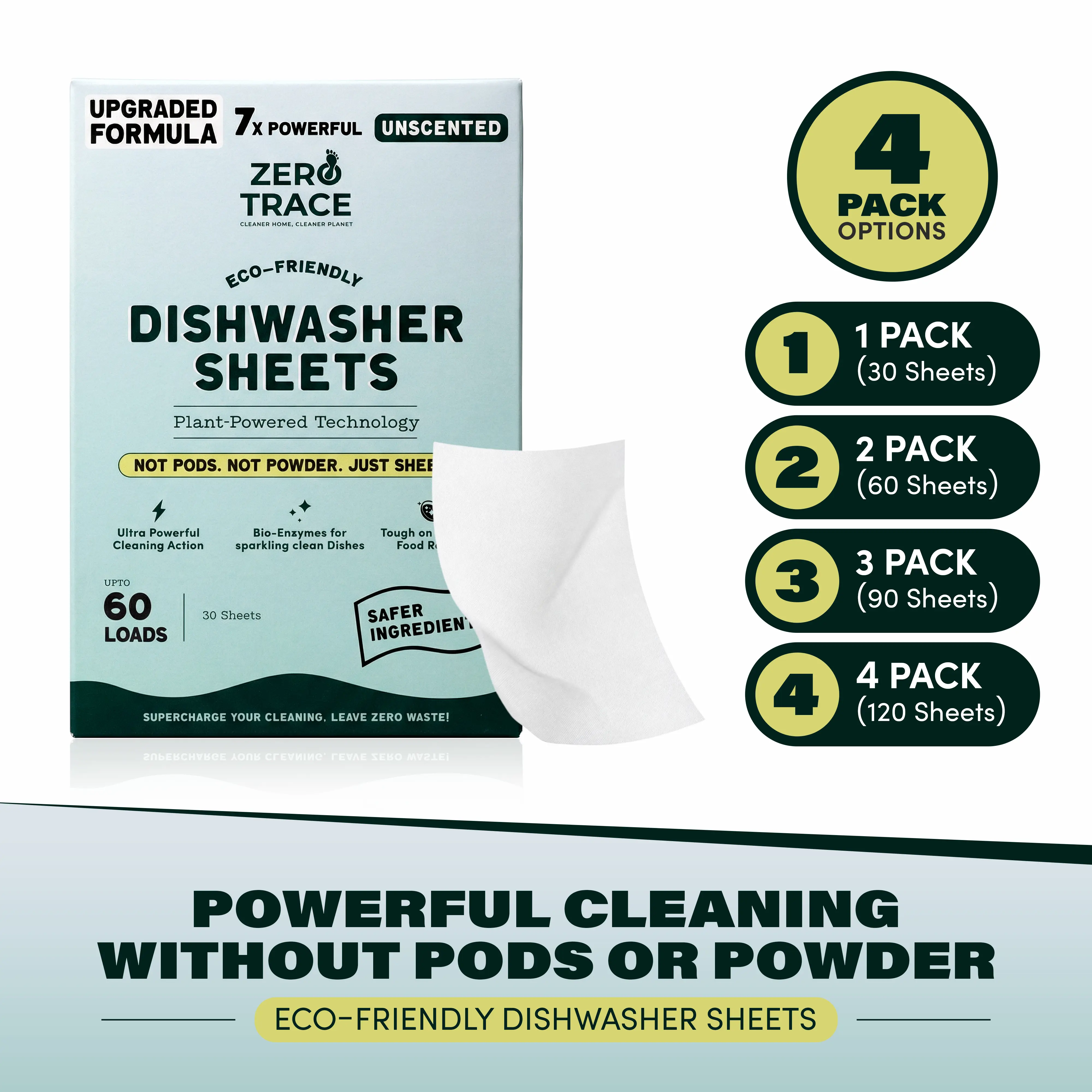 Zero Trace Unscented Dishwasher Detergent Sheets, 38 Plant-Based Sheets, Ultra-Concentrated PROTECH Formula, Plastic-Free, Non-Toxic, No Residue Dishwasher Cleaner