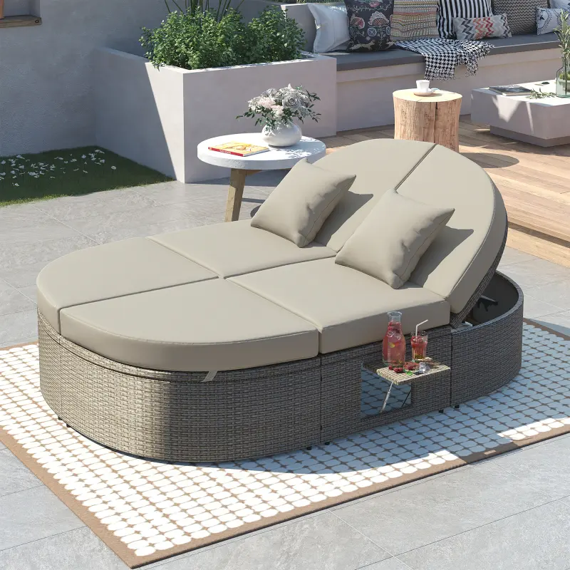 Daybed Outdoor Sun Bed Patio 2-Person Daybed with Cushions and Pillows, Rattan Garden Reclining Chaise Lounge with Adjustable Backrests and Foldable Cup Trays for Lawn,Poolside