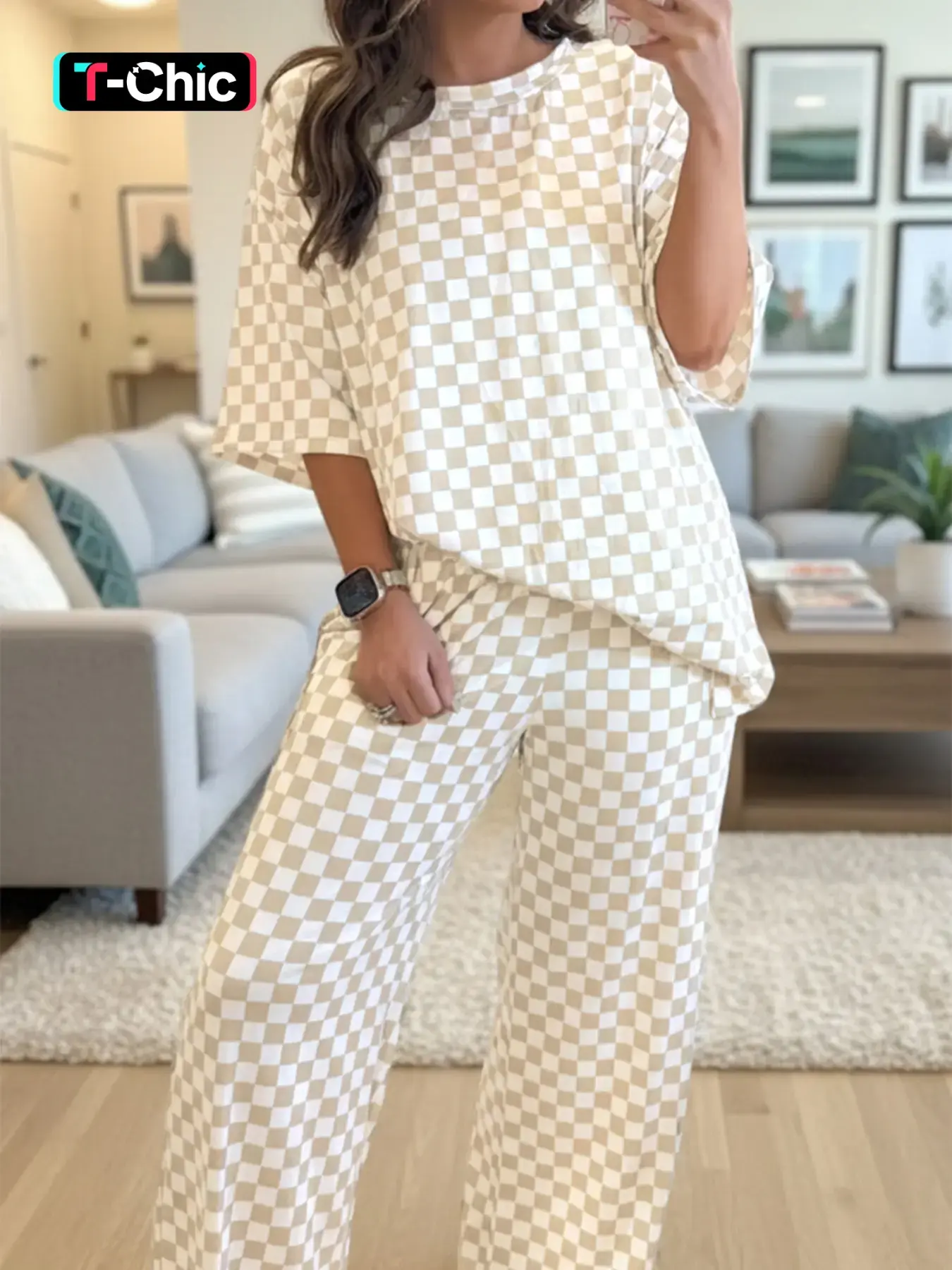 Colorblock Checkered Print Half Sleeve Round Neck T-Shirt & Pants Set, Comfortable Two-Piece Set, Casual Loungewear, Loungewear Sleepwear Set, Womenswear, Pajama Set, Nightwear