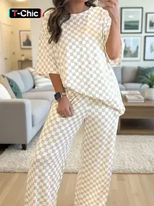 Checkered Color Block Printed Short Sleeve Round Neck T-Shirt and Home Pants Set, Comfortable Two-Piece Casual Loungewear for Relaxation and Leisure, Womenswear Pajama Set Nightwear
