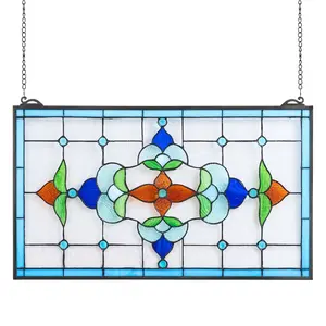 VEVOR Stained Glass Window Panel, 26x 16 in, Tiffany Hanging Transom Window Panel with Chain, Large Horizontal Rectangle Stain Glass, Vintage Traditional Art Handcrafts for Kitchen Home Decor