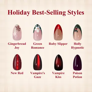 BTArtbox French Tip Press On Nails - Gingerbread Joy, 3D Short Almond Christmas Press On Nails with Glue and Adhesive Tabs for Women in 16 Sizes - 32 Soft Gel