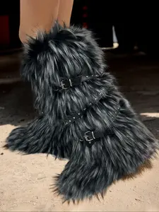 Women's Faux Fur Belted Fluffy Snow Boots, Fashionable Round Toe Slip on Knee High Boots for Fall & Winter, Warm Comfortable Shoes for Daily Wear