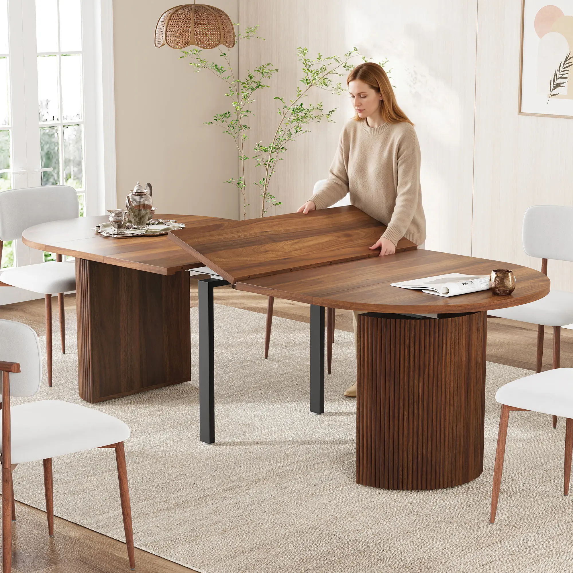 Giratree Modern Adjustable Size Round/Oval Expandable Dining Table, 41.7"-78.7" Extendable with Fluted Base for 4-8 People, Dining Room & Kitchen