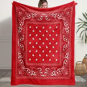 1 Piece Boho Flannel Throw Blanket - Adorable Style Red and White Paisley Pattern with Hearts, Stars, All-Season Warmth, Soft Fluffy Texture, Machine-Washable for Sofa, Bed, Home Decor Gift, Boho Blankets, Adorable Style Blankets