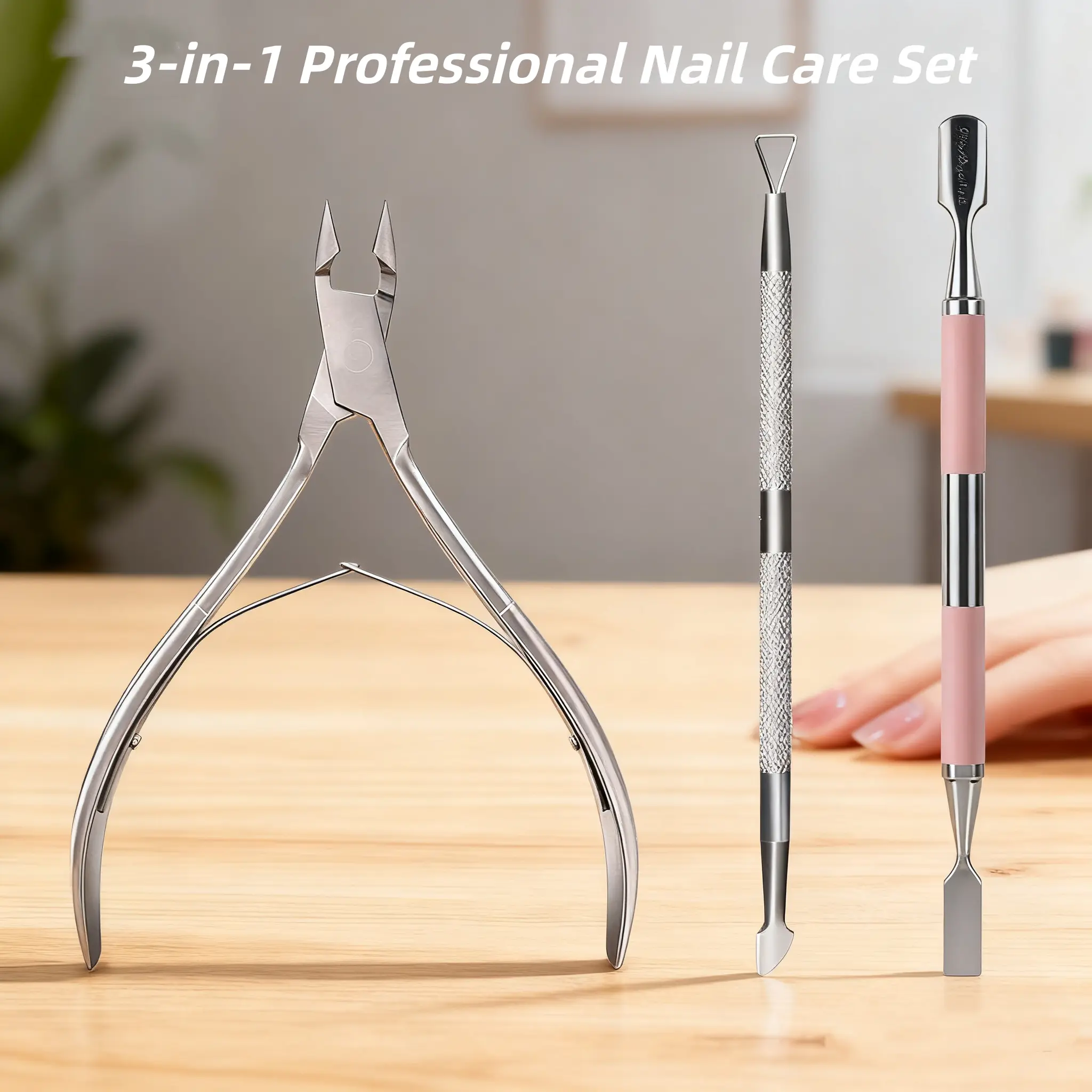 3-in-1 Cuticle Trimmer Set, Stainless Steel Nail Cuticle Cutter Nipper with Dual-End Pusher & Scraper, Professional Manicure Pedicure Nail Remover Tool Kit for Home & Salon Use