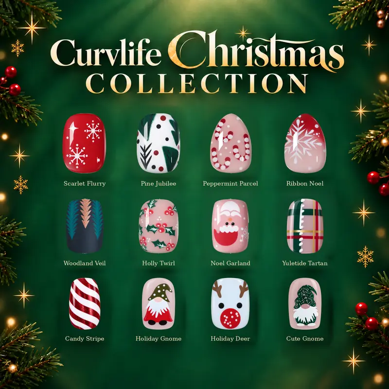 Curvlife Christmas Press on Nails Collection| Glossy Full Cover Acrylic Glue on Stick on Nails|Cute Snowflake Santa Claus Reindeer Christmas Tree Red Green White French Tip Reusable False Nails|Holiday Nail Art Kit|Salon Quality Fake Nails