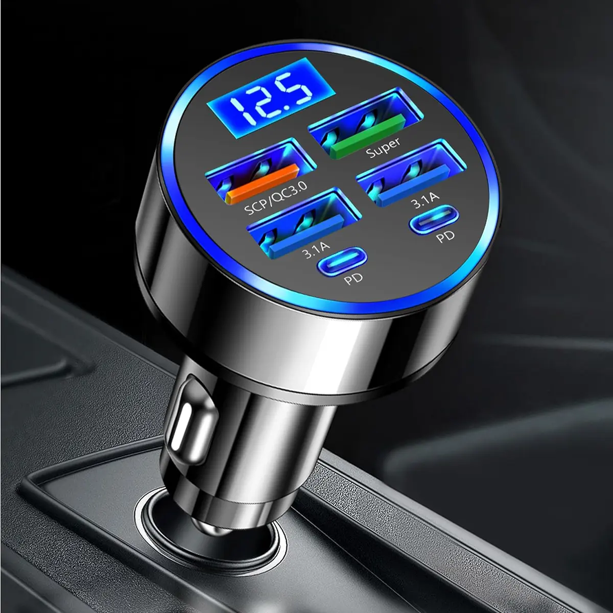 6-Port Car Charger Adapter – 4USB + 2PD Fast Charge Cigarette Lighter Plug with LED Voltage Monitor, Compatible with iPhone, Android & Tablets