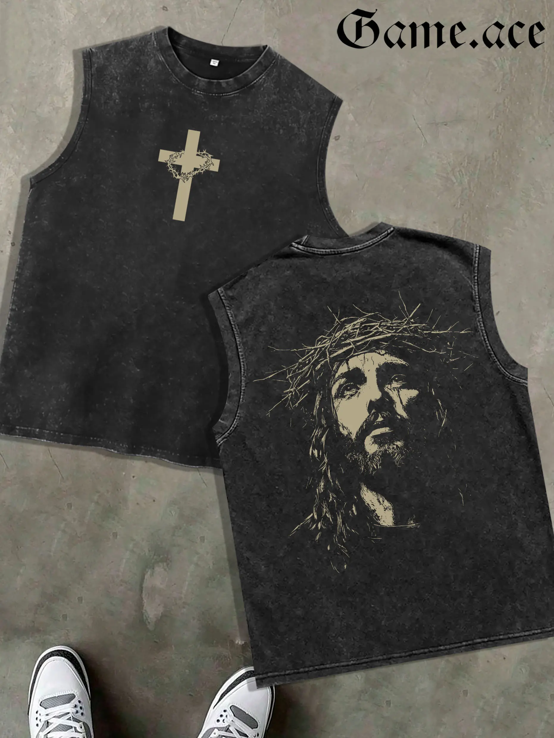 1 PCS GAME.ACE Retro Washed Black Sleeveless Tank Top, Front Thorn Crown Cross Print + Back Jesus Christ Graphic, Christian Streetwear Style, 100% Cotton Unisex Oversized Vest, Casual & Faith Wear, Great Gift for Religious Fans