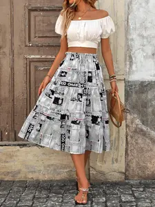 Women's All Over Newspaper Print Skirt, Street Fashion Skirt, Casual Fashion Midi Skirt for Daily Outdoor Wear, Women's Bottoms for Fall & Winter