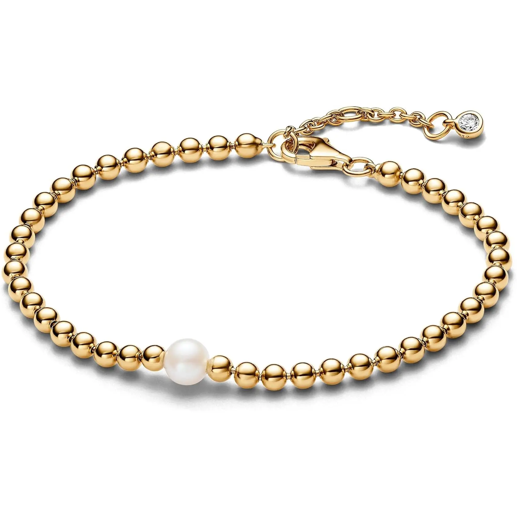 PANDORA Beaded Bracelet for Women, 14kt Gold-Plated with Treated Freshwater Cultured Pearl Center and Cubic Zirconia Accent, Polished Metal, Everyday Wear