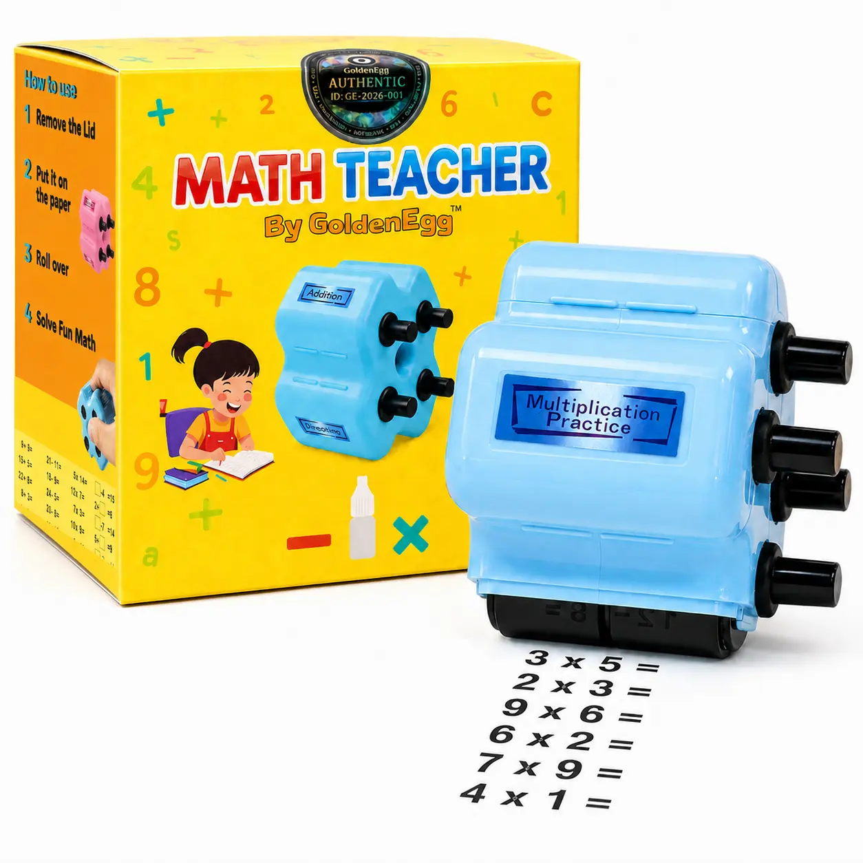Math Teacher 4-in-1 Math Roller Stamp by GoldenEgg, Addition Subtraction Multiplication Fill in the Blank Math Practice Tool, Math Learning Tools, Math Toys for Kids Ages 5-9, 1st 2nd 3rd Grade, Christmas Gifts, Stocking Stuffers, Homeschool Ink