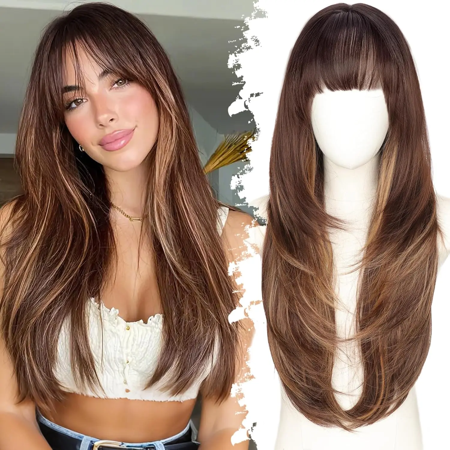 26 inch Long Dark Brown Wig with Bangs for Women, 4x4 Realistic Scalp,Free Parting, Layered Hairstyle Synthetic Heat Resistant for Daily Party Use