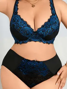Plus Size Busty Bra Set, Adjustable Ditsy Floral Pattern, Sexy High-Waist Design, Max Support Balconette Cups, All-Season Fitted Comfort Women Underwear Sets